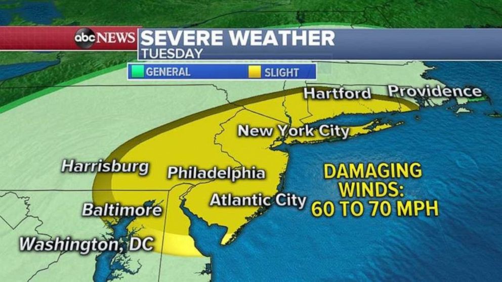 PHOTO: Today, a new storm system is expected to move into the Northeast with severe weather possible with the biggest threat in the Northeast being damaging winds 60 to 70 mph.