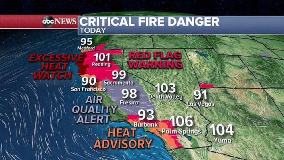 PHOTO: Red Flag Warnings, Heat Advisory, Excessive Heat Watch and Air Quality Alerts have been issued for the West, mostly for California. 
