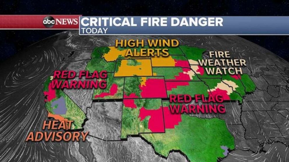 PHOTO: Gusty winds and dry conditions is the biggest threat for fires to spread as Red Flag Warnings have been issued from California to Indiana.
