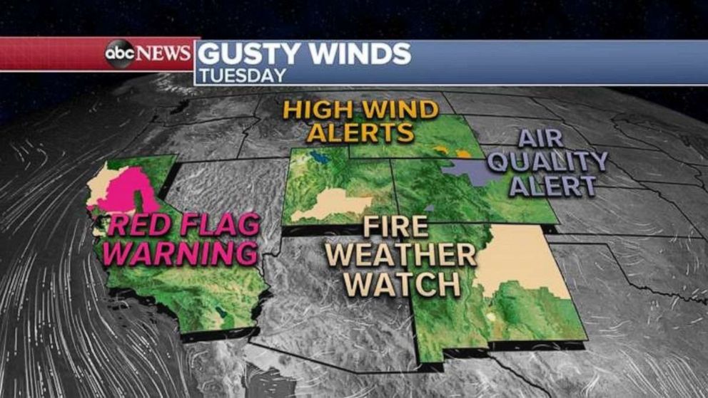 PHOTO: This morning, five states from California to Wyoming are under fire, wind and air quality alerts.
