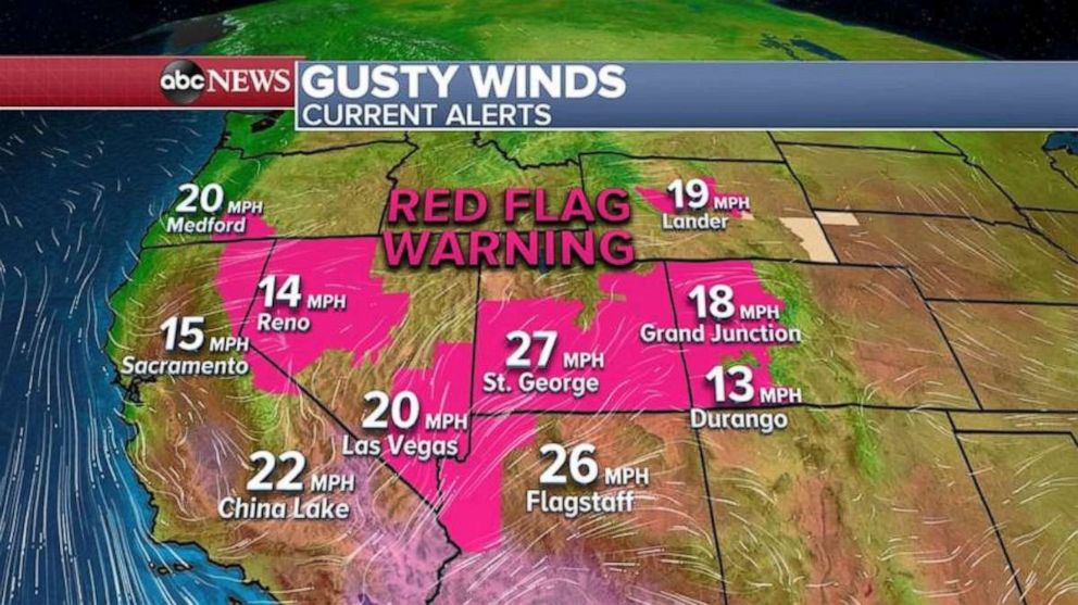 PHOTO: Elevated to critical fire danger will persist another day for a large part of the West from California to Kansas. 