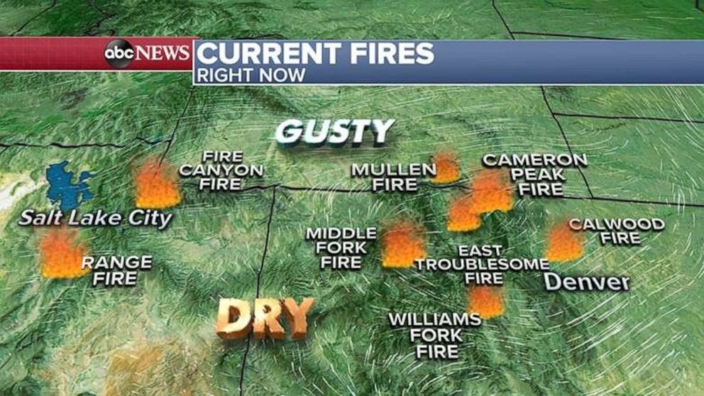 PHOTO: Over the weekend, gusty winds and bone dry conditions spread the fires in Colorado and Utah. 
