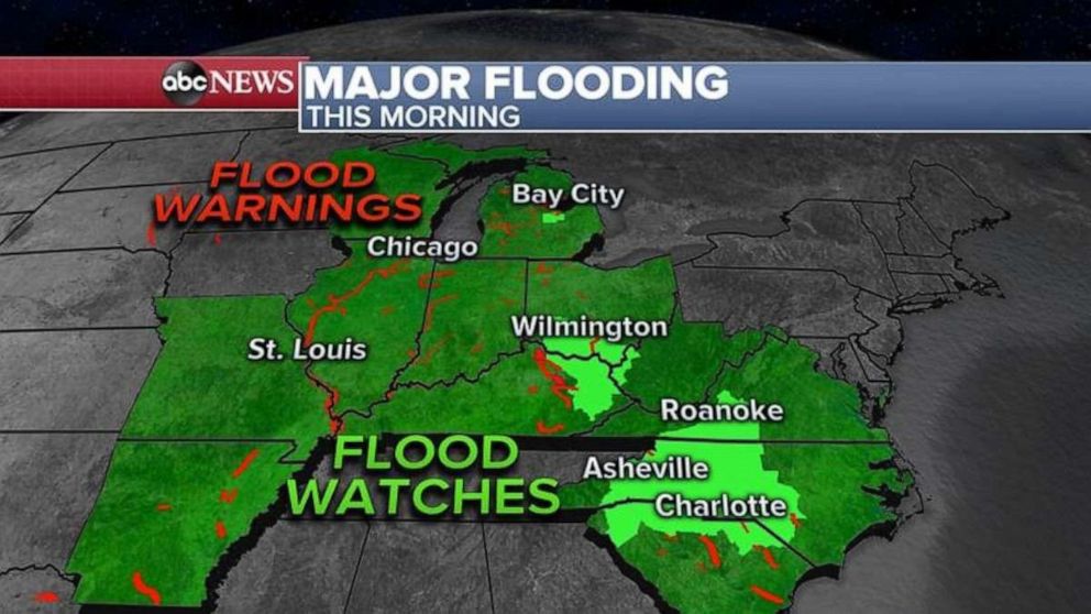 PHOTO: Take a look at all the red spots on the map, these are all flood warnings on rivers and streams in the Midwest and parts of the South, from Arkansas to Michigan and down to the Carolinas. 
