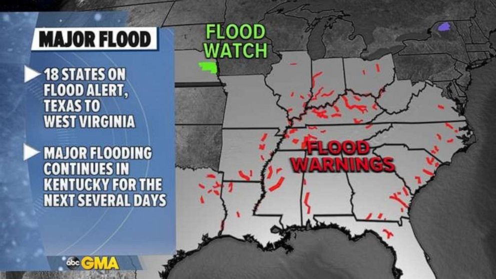 PHOTO: The Kentucky River and Ohio River are most at risk for major to moderate flooding to continue for the next several days as entire towns continue to be submerged under water in Kentucky where a state of emergency has been declared.
