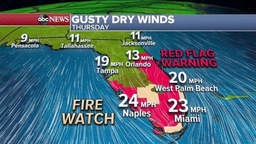 PHOTO: Gusty winds and dry conditions will move into central and southern Florida today where Red Flag Warnings and Fire Watches have been issued for the area. 