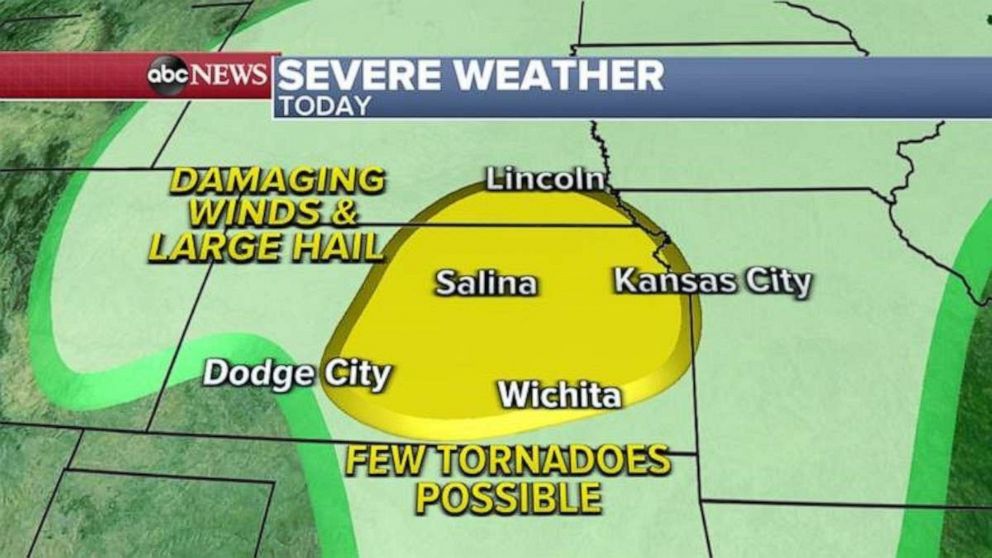 PHOTO: Later Tuesday and into tonight, severe weather will move into the central Plains including Kansas, Missouri and Nebraska and damaging winds and large hail will be the primary threat but the possibility of an isolated tornado cannot be ruled out.
