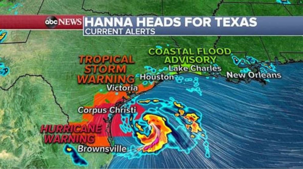 PHOTO: Hanna remains a tropical storm as of 3 a.m. EST and is moving west at 8 mph with sustained winds of 65 mph.
