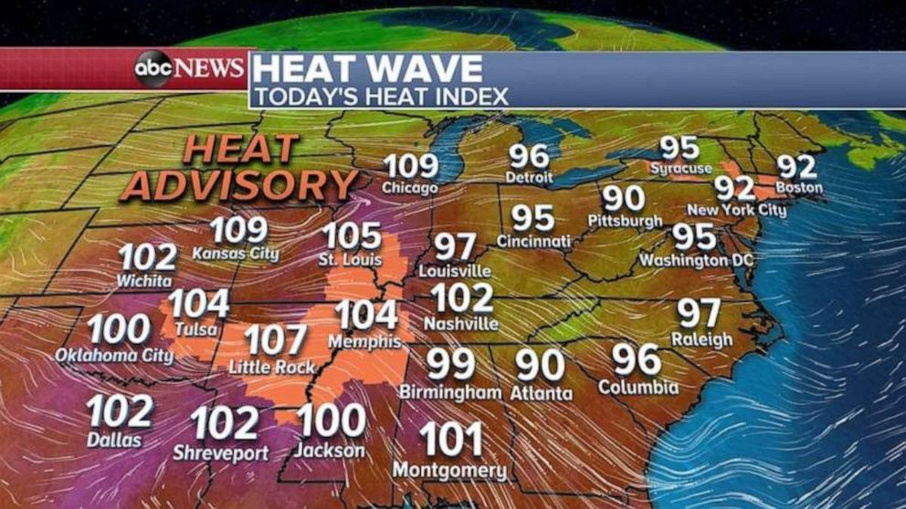 PHOTO: There are 12 states from Oklahoma to Massachusetts under Heat Advisory and some areas will feel like its near 110 degrees.  