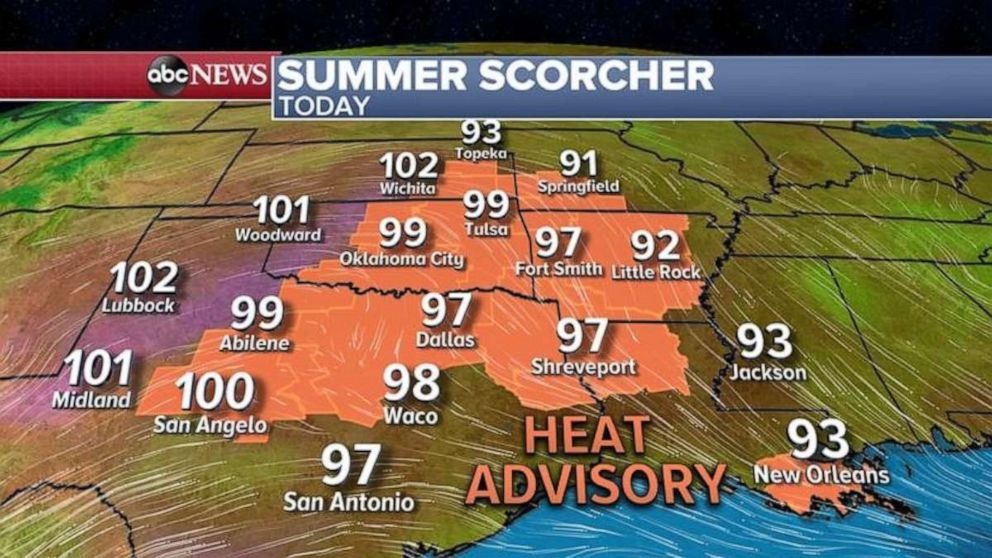 PHOTO: Seven states from Kansas down to Louisiana are under a Heat Advisory where temperatures will be in the 90s for the most part, but with humidity it will feel like it’s close to 110 degrees in some areas.