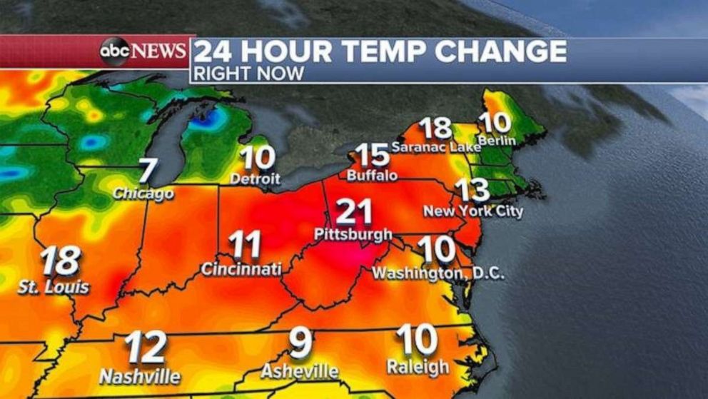 PHOTO: Temperatures are already up to 20 degrees warmer compared to Saturday’s temperatures in the teens and 20s and temperatures will be in the 60s and 70s today across most of the East Coast as warmer air settles in by this afternoon into next week.
