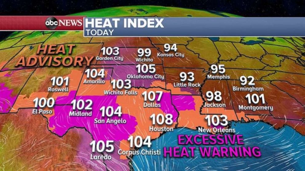 PHOTO: In the South, temperatures near 100 degrees and high humidity will make it feel like its 105 to 115 in some areas.