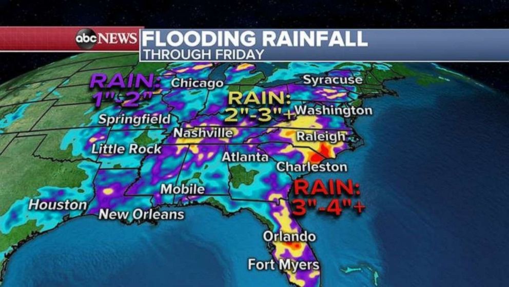 PHOTO: The heaviest rain in the Eastern U.S. will be with this tropical system and it could bring up to 4 inches of rain in the Carolinas with some possible flash flooding. 
