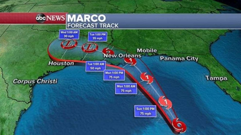PHOTO: Marco is currently 395 Miles south-southeast of southern Louisiana and the storm has winds of 70 mph while moving north-northwest at 13 mph. 
