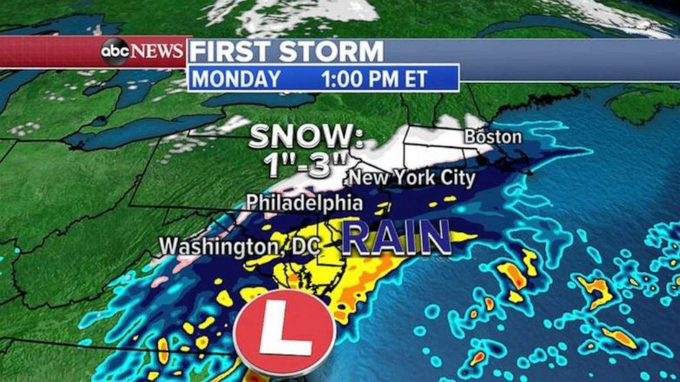 PHOTO: The first storm should be gone by the evening on Monday and attention turns to a second storm that will move into the Northeast and Mid-Atlantic on Wednesday afternoon and continue through Thursday morning. 
