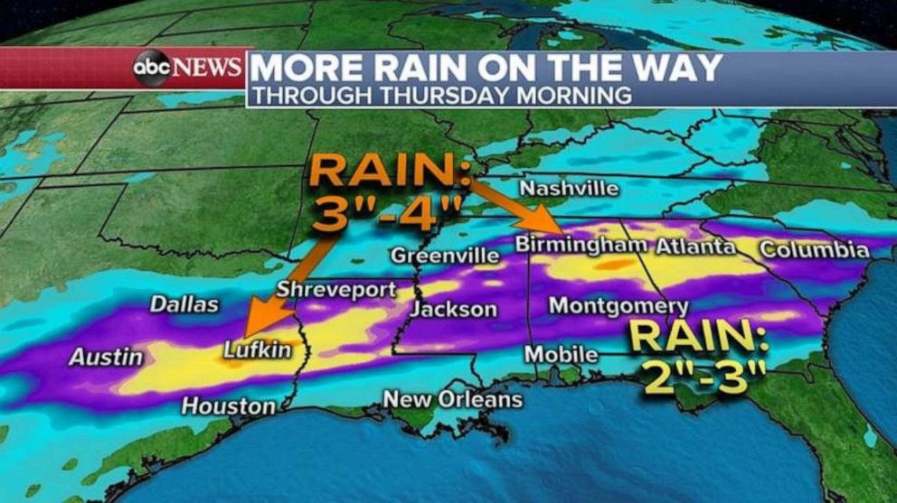 PHOTO: With this new storm, many areas will see up to 2 inches of rain with locally 3 or 4 inches possible from Texas to South Carolina including Mississippi.