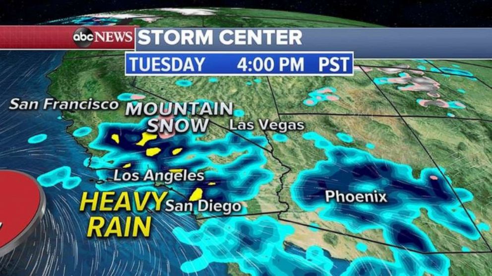 PHOTO: By Wednesday, the Southwest should continue to see heavy rain and a treat for flash flooding. Meanwhile, the northern Rockies storm system will quickly move into the South and bring strong thunderstorms with damaging winds and heavy rain. 
