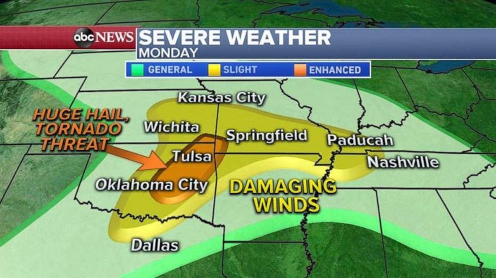 PHOTO: The biggest threat for hail and tornadoes today will be from Oklahoma City to Tulsa. The rest of the area will see damaging winds from just south of Kansas City to near Nashville.