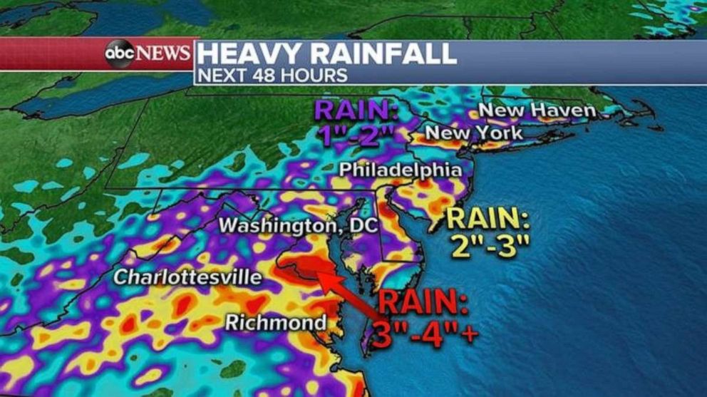 PHOTO: As a very slow moving cold front stalls in the area, more flash flooding is expected in the Mid-Atlantic states and some areas could see up to 4 inches of rain in a short period of time.