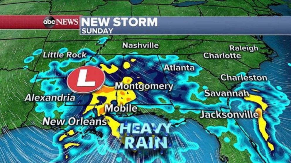 PHOTO: On Sunday, the storm will be moving through the Gulf States and heavy rain will spread over much of the South from Louisiana to the Carolinas. 
