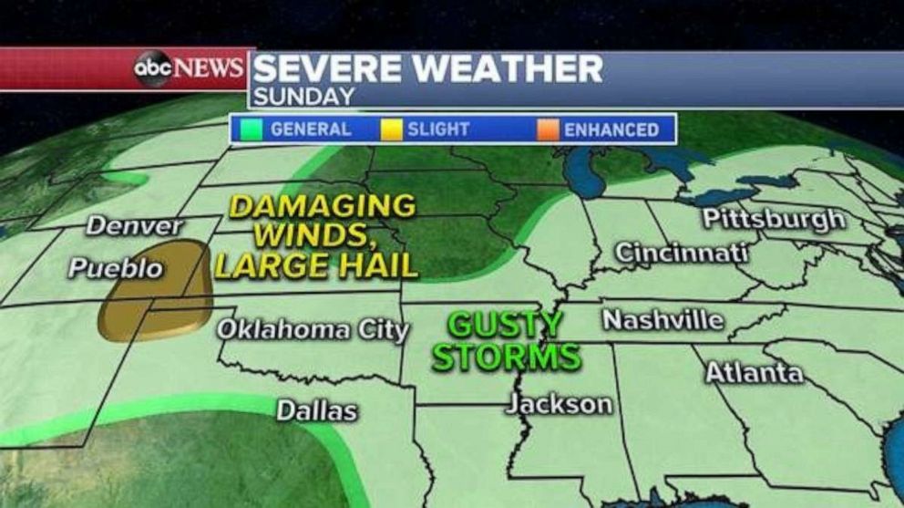 PHOTO: Today, severe weather is expected in two pockets, one area from Nashville to Chicago where damaging winds and a few tornadoes are possible. The other area will be from Omaha to Kansas City where large hail and a few tornadoes will also be possible.