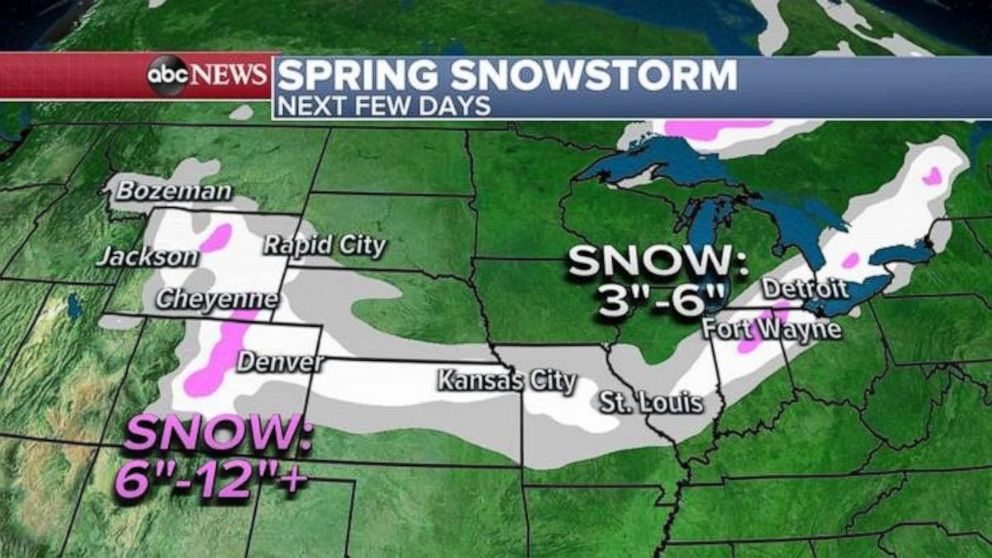PHOTO: The snow will move east into the rest of the Midwest and southern Great Lakes with snow possible for Illinois, Indiana and into Detroit, Michigan, by Tuesday night into Wednesday and several inches of snow could be possible there.  
