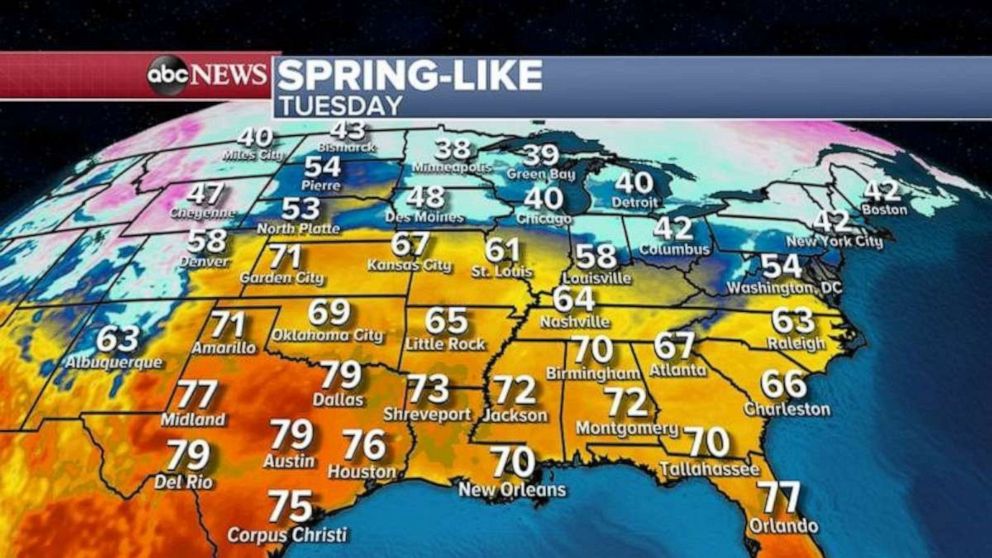 PHOTO: Some of that spring-like warmth will move into the Northeast with temperatures reaching the 60s in Washington, D.C. and near 50 for New York City and Boston by Wednesday. 

