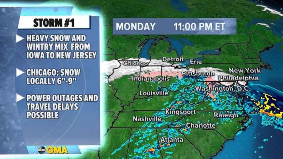 PHOTO: As the storm slides east, it will have some trouble producing snow near the major northeast cities and this likely means that snowfall amounts near Philadelphia and New York will be kept in the low range.
