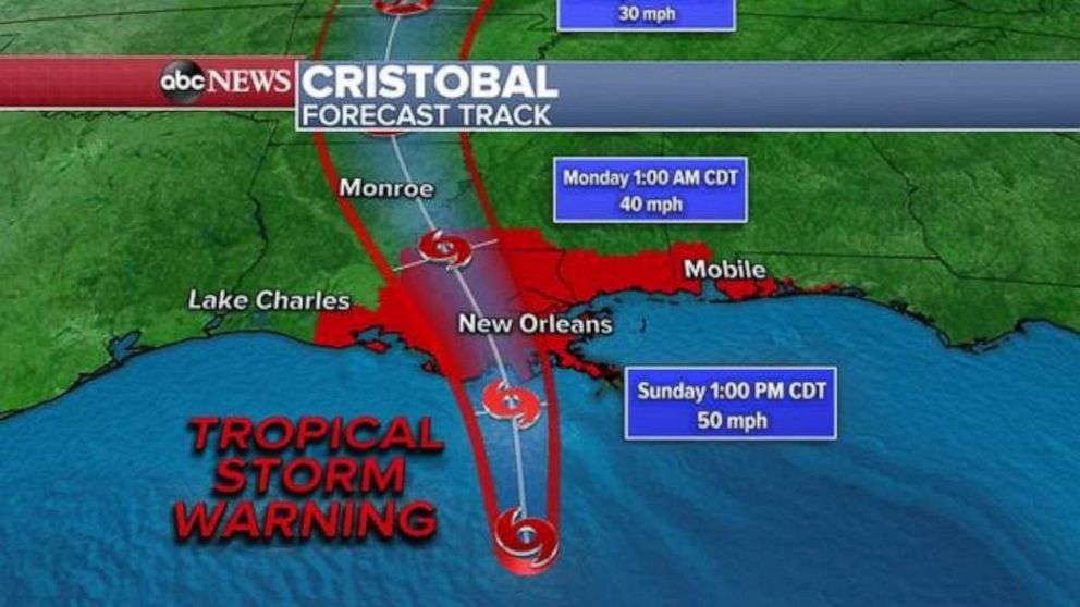 PHOTO: On the current forecast track, Cristobal will approach the Louisiana coastline today with landfall likely later this evening, moving inland overnight into Monday and it is expected to make landfall as a tropical storm. 