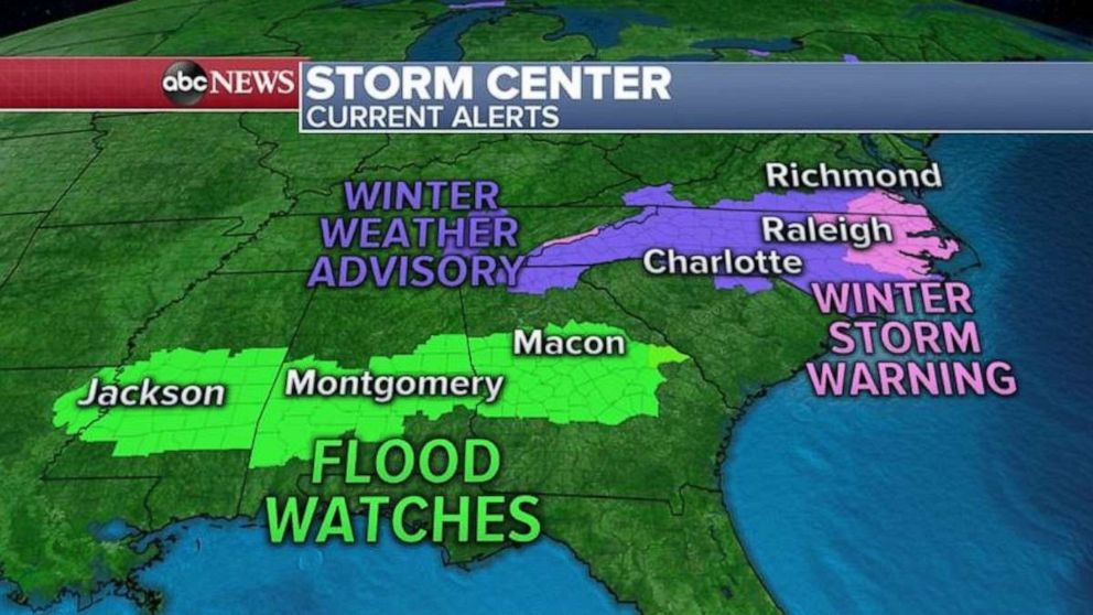 PHOTO: This morning, heavy rain is falling from Texas to Georgia as flood warnings continue on dozens of rivers and bayous in the South. 