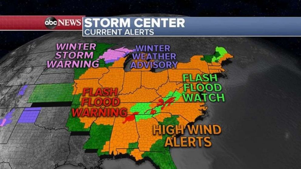 PHOTO: Here are all of the Watches, Warnings and Advisories from the Plains to the East Coast. It’s a large and major storm system that is moving across the eastern half of the country this morning.