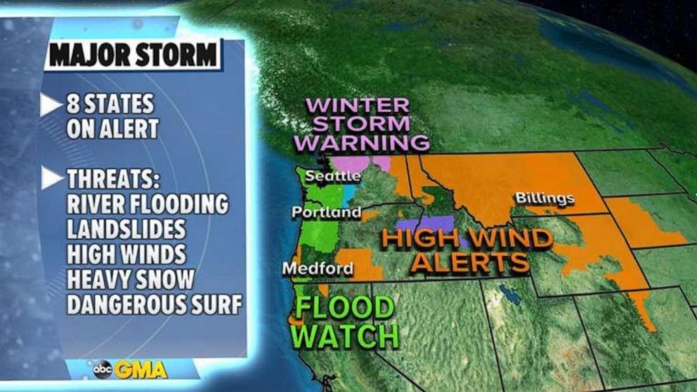 PHOTO: Because of this prolonged period of heavy rain, snow and wind, eight states are on alert in the West.
