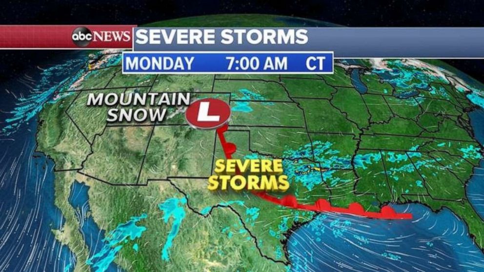 PHOTO: This morning, the storm system is just moving out of the Rockies and joining a warm front along the Gulf Coast.  