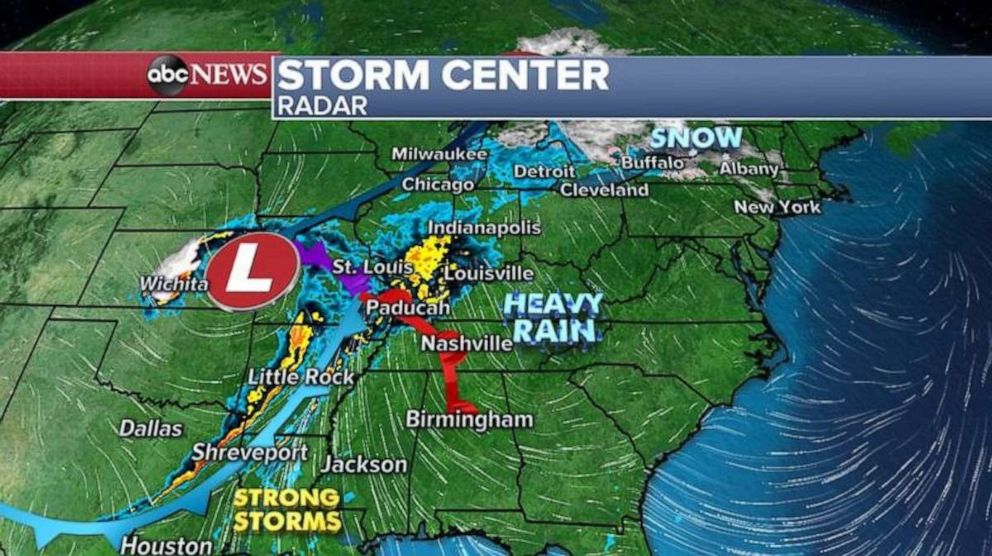 PHOTO: There is a risk for strong winds, heavy rain and isolated tornadoes today from Louisiana to southern Indiana. 
