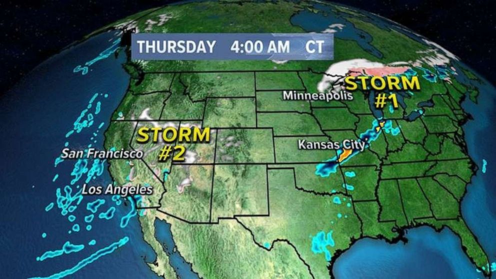 PHOTO: Two storms are moving across the country on Thursday bringing with it mudslide threats, flooding rain, heavy snow and damaging thunderstorms.
