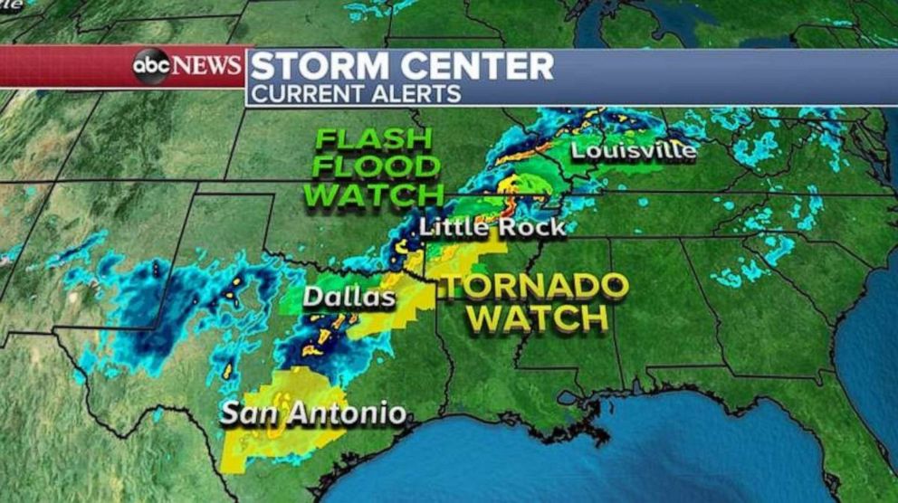 PHOTO: On Thursday morning, severe storms are still impacting Texas to Arkansas with tornado watches through until this evening. 
