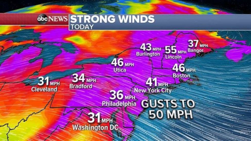 PHOTO: Here are the wind gust forecast for today. Locally, 50 mph winds are expected with some damage possible in major Northeast cities. 
