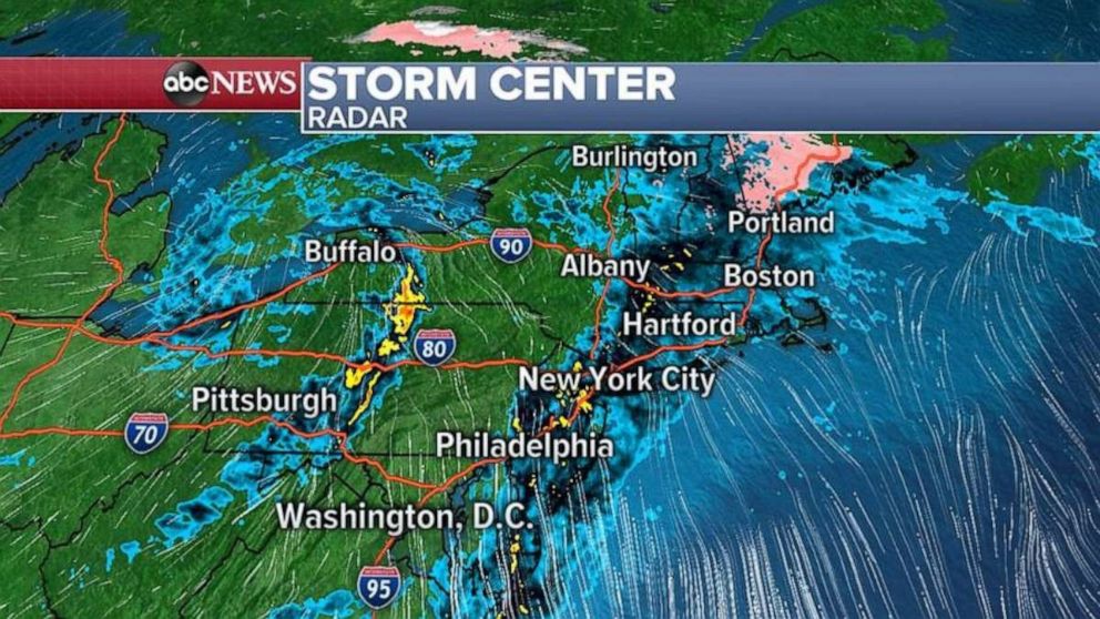 PHOTO: This morning, heavy rain forming along the frontal system associated with the holiday storm is bringing heavy rain to the Northeast, including to major metro areas.  
