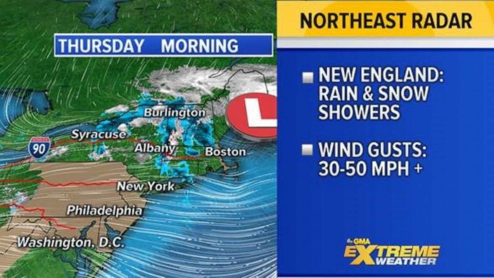 PHOTO: The first storm that we have been tracking that moved from the Plains to the East Coast Tuesday and Wednesday it now moving off the New England coast and will be clearing out soon.