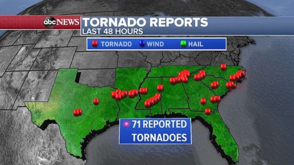 PHOTO: There were 71 reported tornadoes in 9 states from Texas to North Carolina in the last 48 hours.
