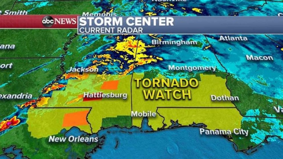PHOTO: This morning, a new tornado watch has been issued until 2 p.m. this afternoon for Louisiana, Mississippi, Alabama and Florida where strong tornadoes are possible this morning and into the early afternoon.