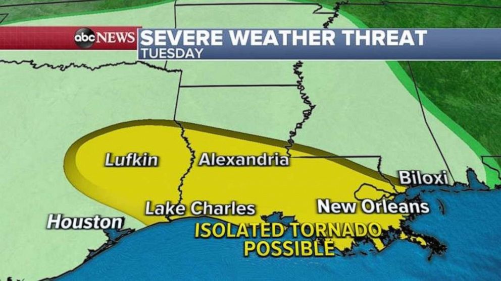 PHOTO: There are more than 4 million people are on alert today for severe weather from Lufkin, Texas, to New Orleans, Louisiana. 
