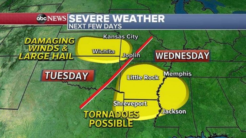 PHOTO: On Tuesday the threat for these damaging storms will be for Kansas, Oklahoma and Missouri and on Wednesday the threat moves into Texas, Arkansas, Mississippi, Louisiana and Tennessee.  
