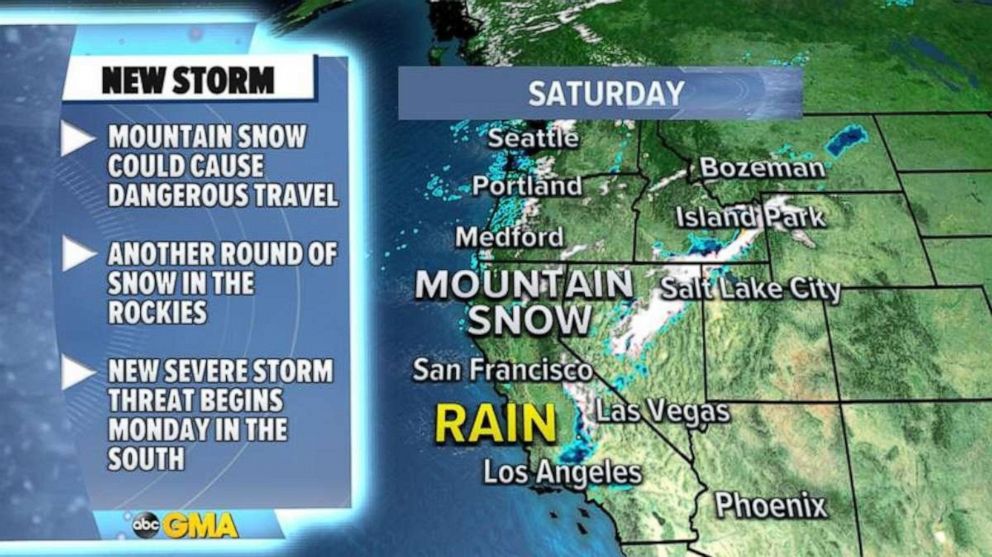 PHOTO: Some mountain snow could also make for treacherous travel, especially in the mountains passes in the Sierra.
