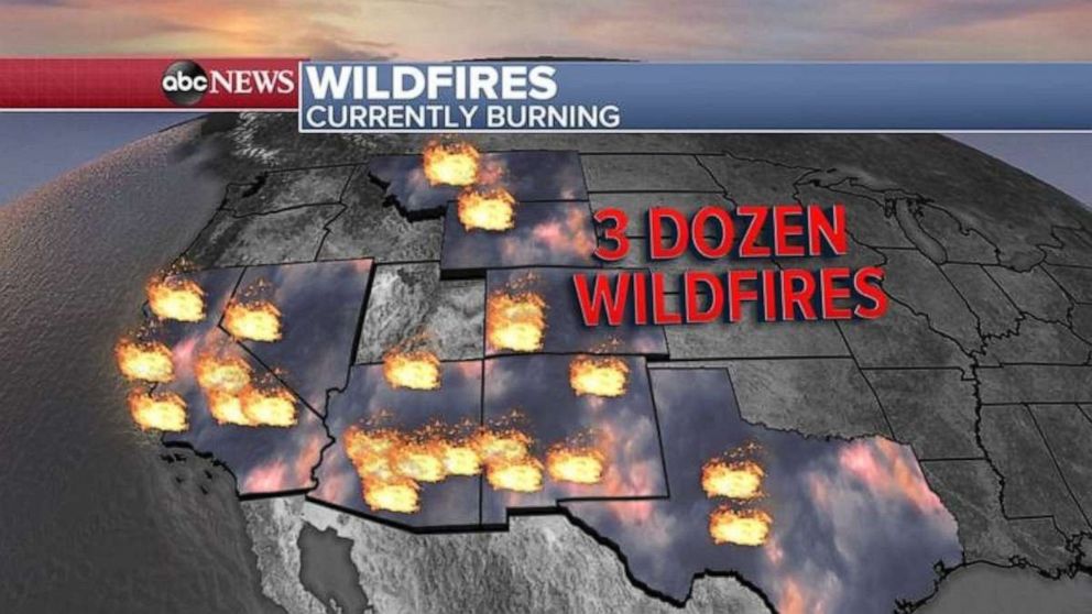PHOTO: There are nearly three dozen wildfires burning in the United States this morning and most of them are in Arizona where the many  evacuations are being ordered.
