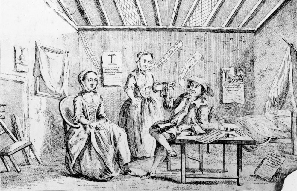 PHOTO: A 1754 engraving shows a doctor speaking with patients about abortion. 