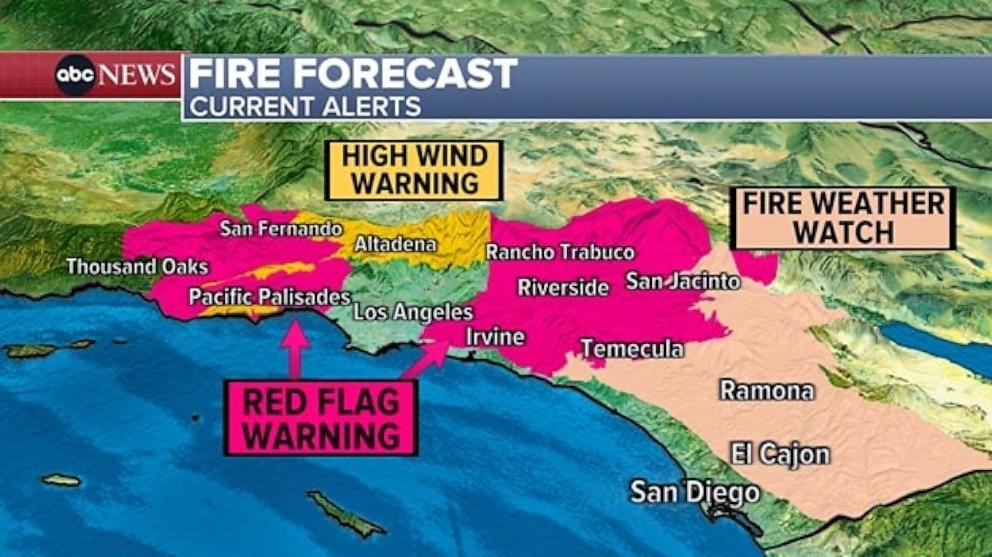PHOTO: An ABC News graphic shows the fire forecast in Southern California on Sunday, Jan. 12, 2025.