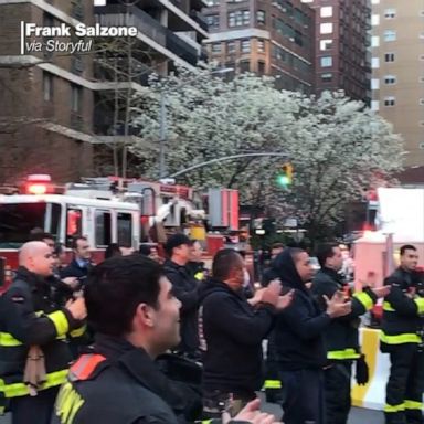 The New York City firefighters showed appreciation for medical workers outside New York-Presbyterian Hospital in Manhattan for their hard work in response to COVID-19.