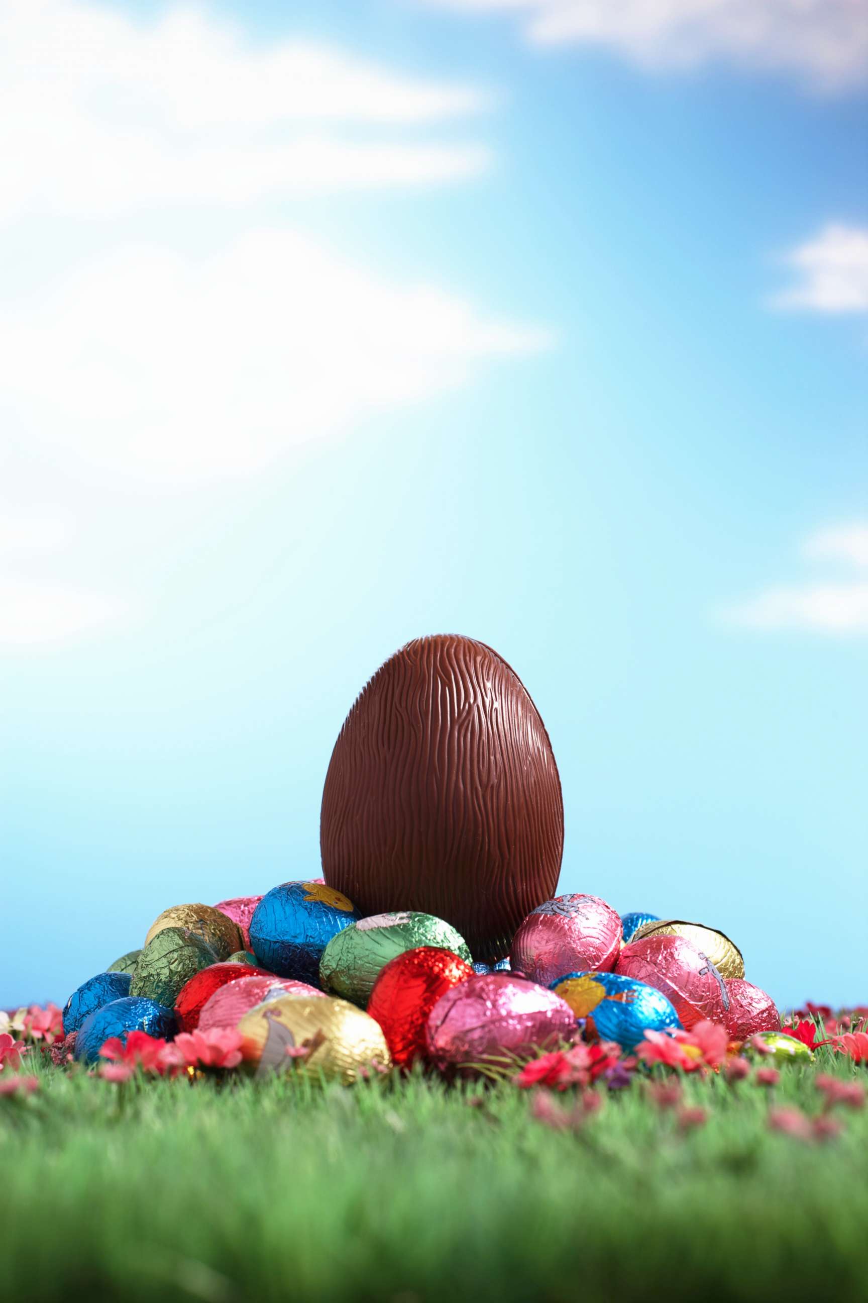 PHOTO: A chocolate egg sits on pile of foil wrapped Easter eggs on grass.