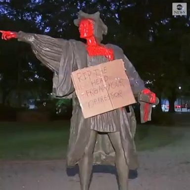 Protesters tossed red paint on the statue’s face and hand and placed a cardboard sign reading "rip the head from your oppressor."