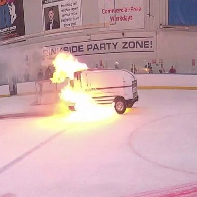 VIDEO: Zamboni catches fire during youth hockey game